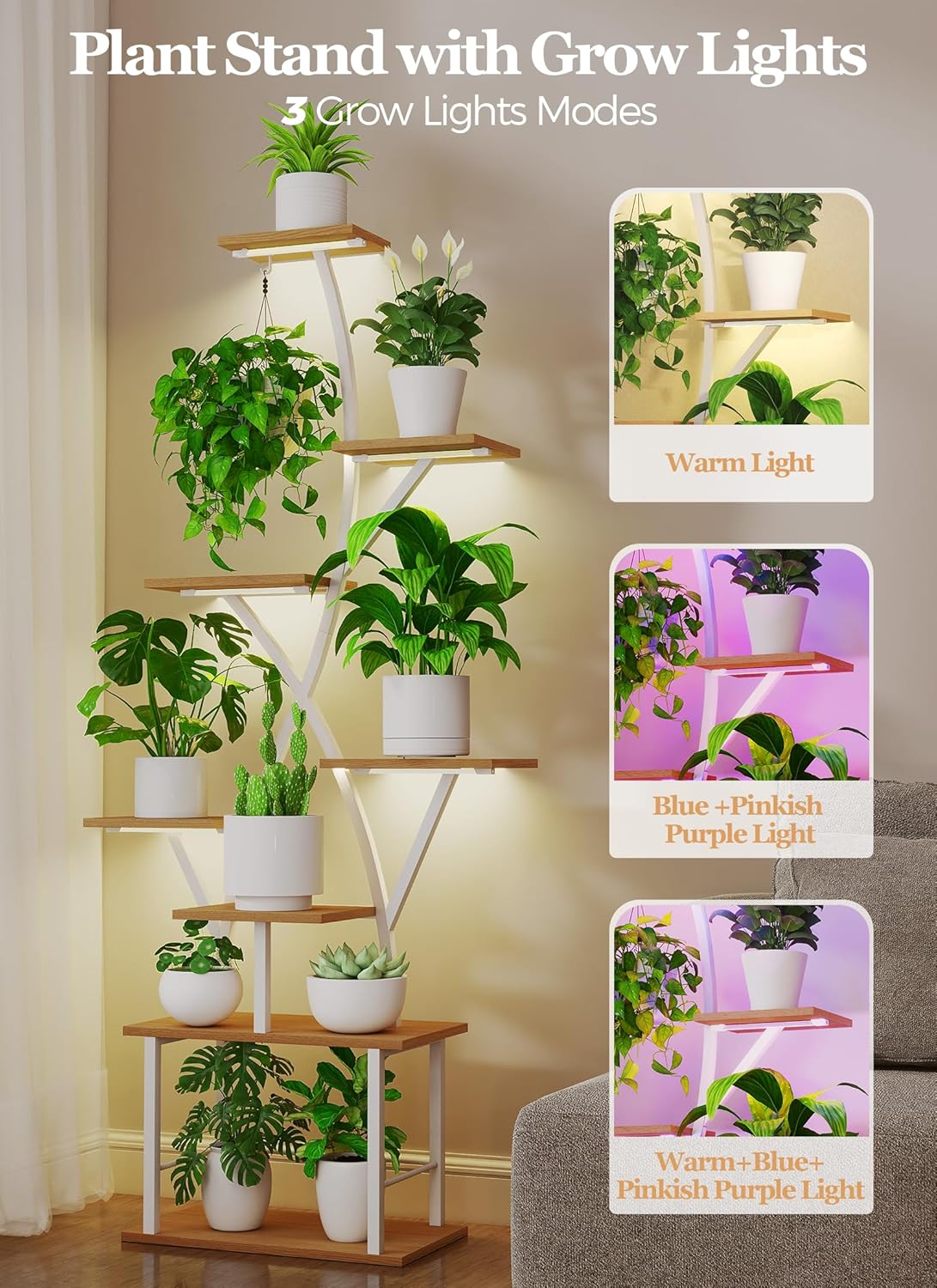 Plant Stand Indoor with Grow Lights - 64" Tall Plant Shelf Lighted Corner Plant Stands for Indoor Growing Multiple Metal 8 Tiered Large S-Shape Flower Holder Plant Rack for Home Decor Patio White