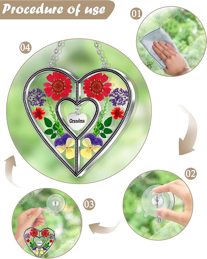 KY&BOSAM Heart Suncatchers Grandma Gift Ornament Stained Glass Sun Catcher Garden hangings Windows with Pressed Flower Heart Embedded in Glass Gifts for Grandma Mother`s Day Birthday Gifts