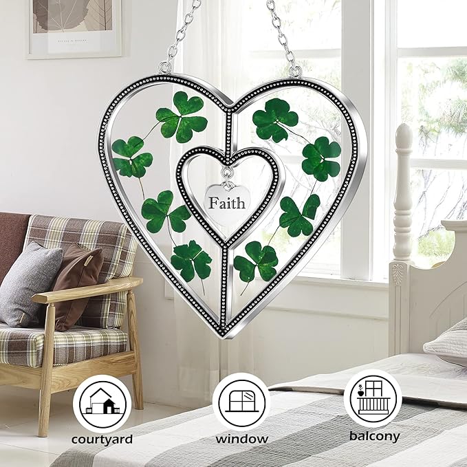 KY&BOSAM Shamrock Heart Suncatcher Faith Suncatcher St Patrick's Day Decoration Grandma Gifts for Windows Hangings Wind Chime with Pressed Flower Gifts for Mom Mother`s Day Valentine's