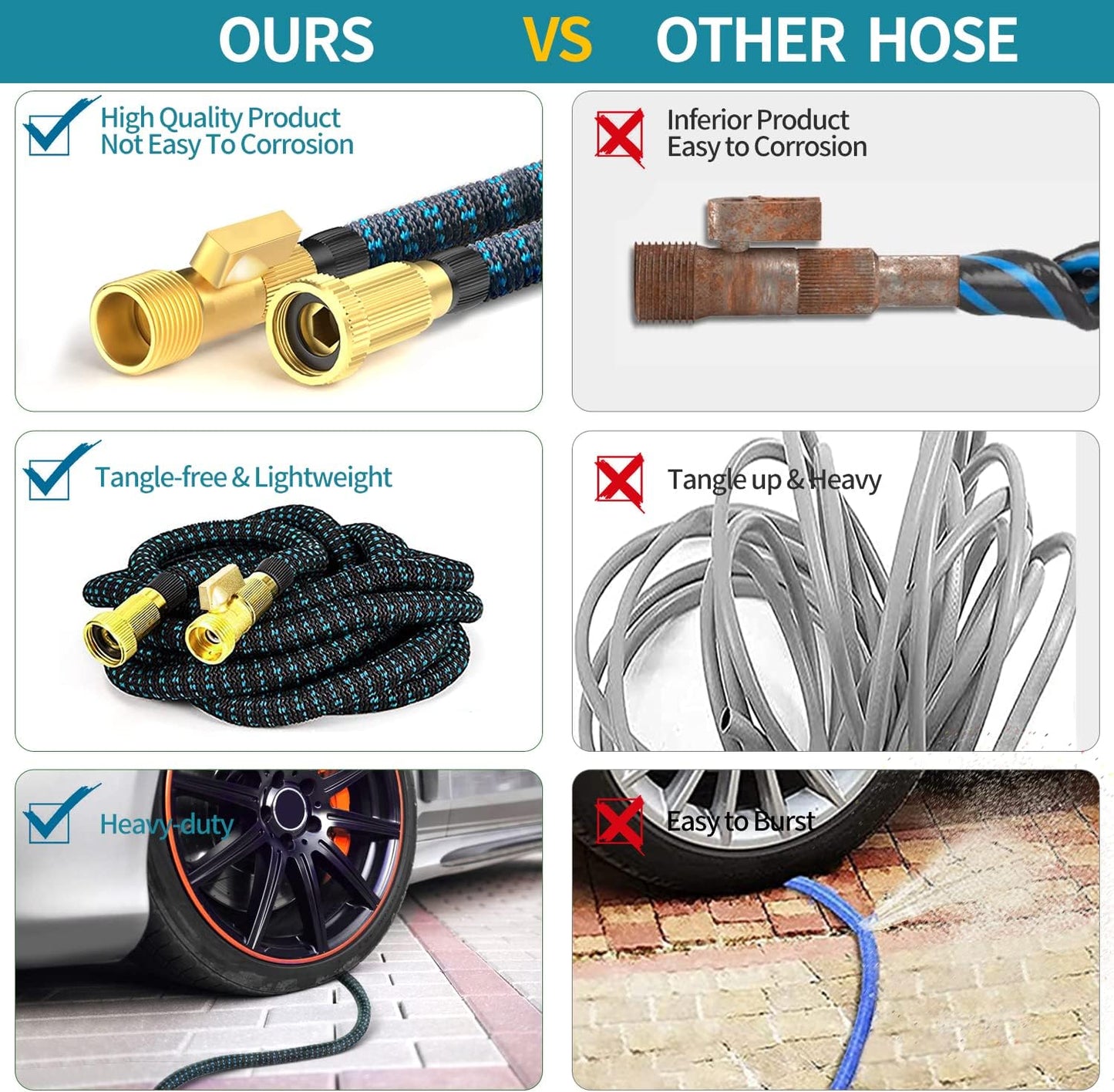 200ft Expandable Garden Hose w/10 Function Nozzle Sprayer, Lightweight Flexible Water Hose with Durable Collapsible Latex Core & Solid Brass Fittings, 200ft Retractable Stretch Hose(Black Blue)