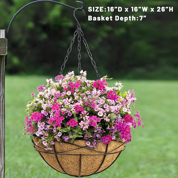 Hanging Planters for Outdoor Plants: 4 Pack 16" Hanging Baskets Flower Pots with Coco Liners & Plastic Saucer Extra Large Deep Hanging Plant Holder for Porch Balcony Garden Décor