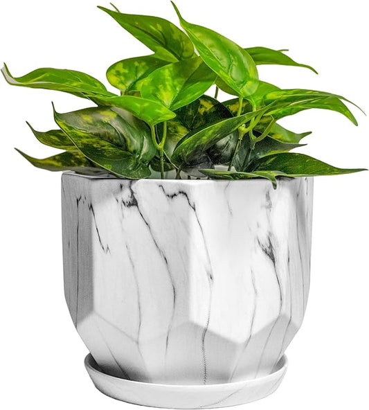 Large 7 Inch Marble White Plant Pots Planters with Saucer Tray, Mesh Pad, Drainage Hole and Stopper, Hand Glazed Flower Pot, Garden Indoor Outdoor Planter, Modern Home Decor (Ceramic, White)