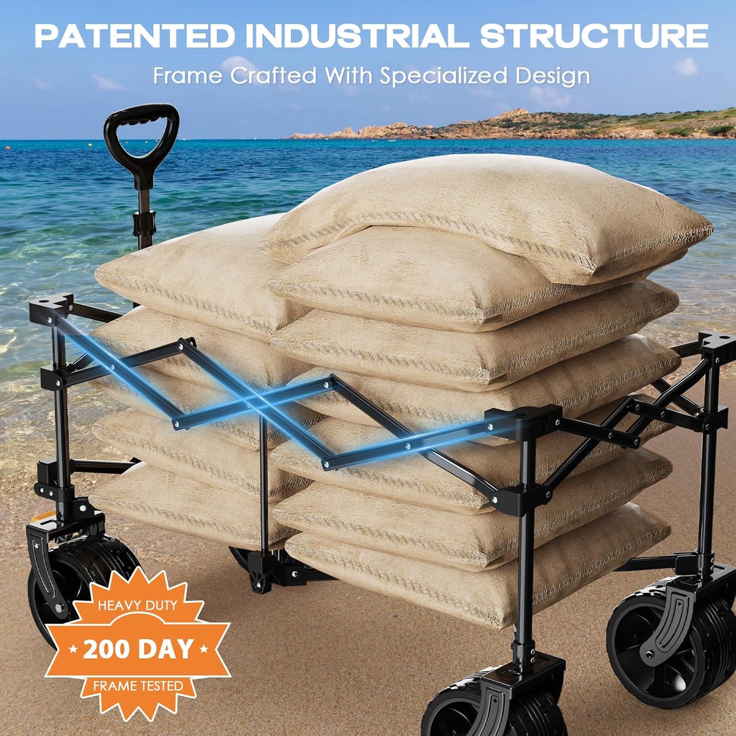 Collapsible Wagon Cart Heavy Duty Foldable, Folding Beach Wagon with Big Wheels for Sand, Utility Grocery Cart with Side Pocket and Brakes for Camping Sports Outdoor Activities, Black