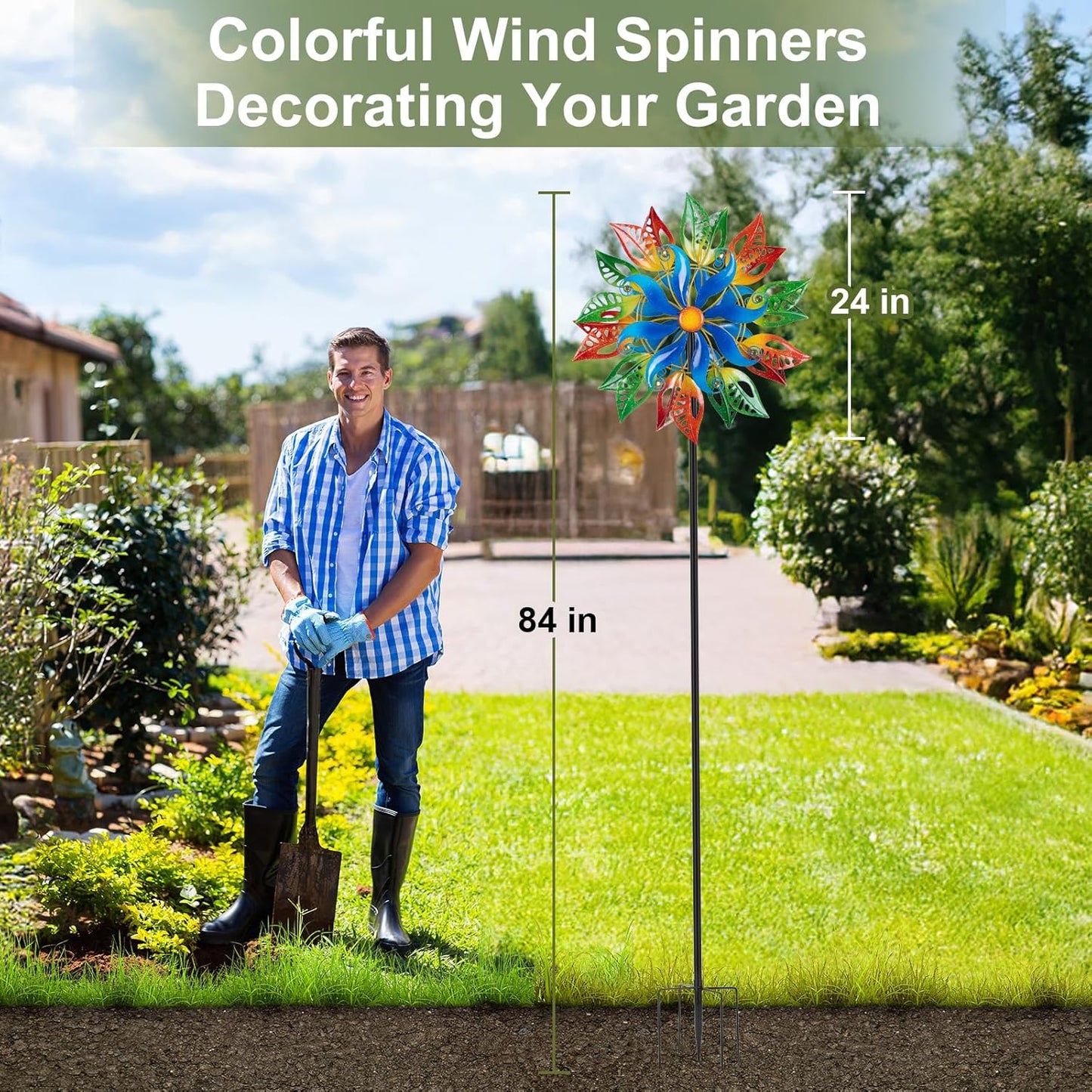 Extra Large Wind Spinners Outdoor, Metal Green Leaf Wind Sculpture Yard Art Decor, Windmill for Yard, Garden, Patio, Lawn and Courtyard 84 * 24 Inches