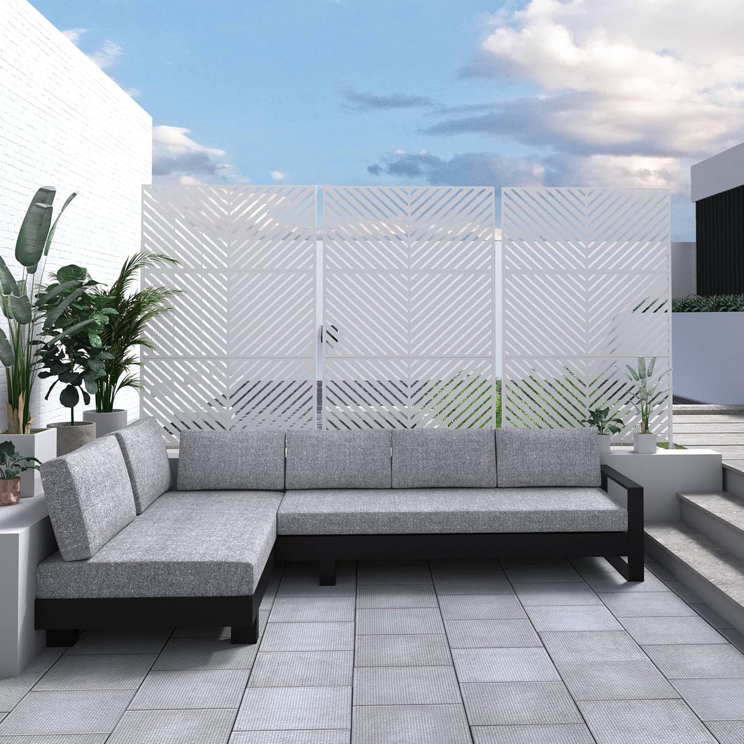 Metal Privacy Screen Outdoor 72" H×47" W,Freestanding Decorative Privacy Screen for Balcony Yard&Garden, Privacy Fence-White&Arrow