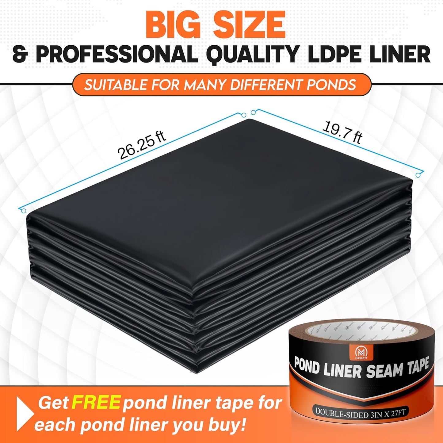 [Premium] 45 Mil LDPE Pond Liner with Seam Tape, 19.7 * 26.2FT Pond Lining for Fish Pond, Performed Garden Ponds, Large Pond Liner for Fishpond, Koi Pond, Waterfall, Streams