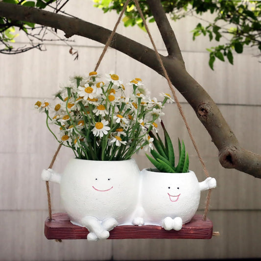 Cute Hanging Face Planter Pots, Funny Swinging Two Head Planters Cactus Plant Pots for Indoor Outdoor Plants, Unique Succulent Wall Planters Whimsical Flower Vase