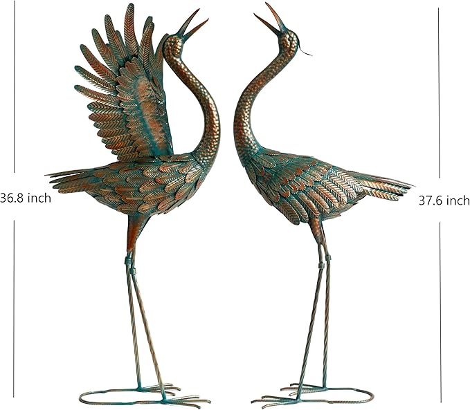 chisheen Crane Garden Statues Outdoor Metal Heron Yard Art Crane for Garden Sculptures Patio Lawn Ornaments,Set of 2