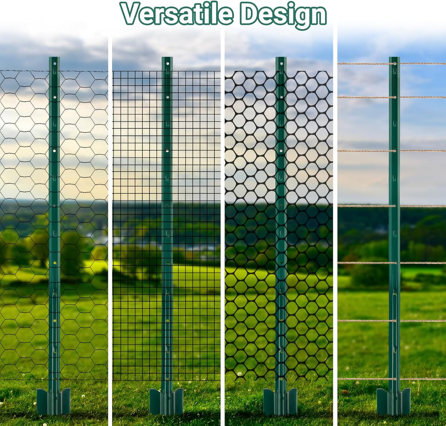 Fence Post 4 FT - 10 Packs, Metal Heavy Duty U Posts, Powder-Coated for Long-Lasting Use, Perfect for Holding Wire &Plastic Mesh, Corner Anchors, Green