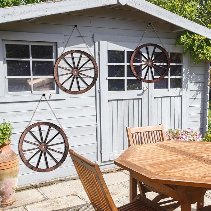 Qunclay 4 Pcs Wooden Wagon Wheel Wall Decor Old Western Wood Boho Wall Art Farmhouse Boho Wagon Wheels Rustic Yard Decor Wood Hanging Decorations for Garden Home Bar Garage (17.7 Inch)