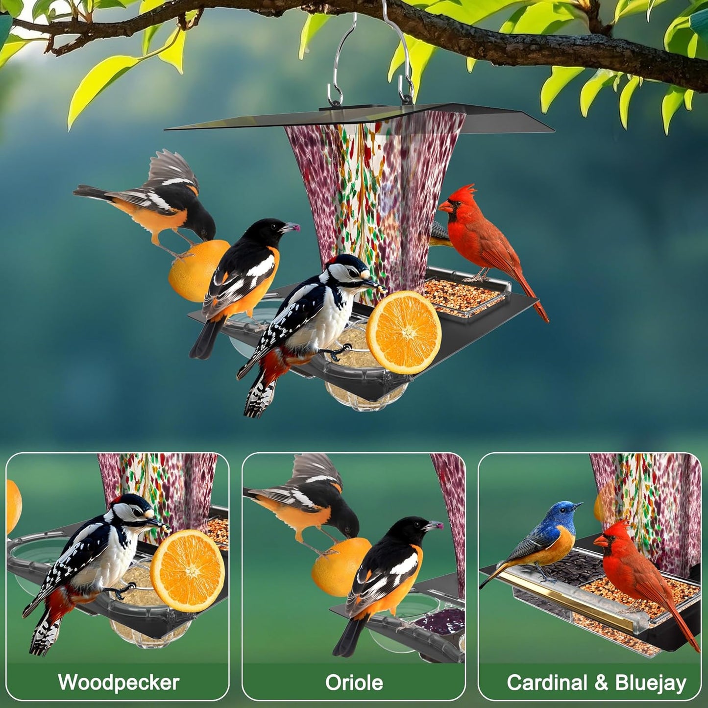 LUJII 6-in-1 Solar Bird Feeder with RGB String Lights, Hand Blown Glass, 2 Removable Trays for Bird Seed, Suet Ball, Mealworm, Oriole Orange Fruit, Jelly or Water, Purple