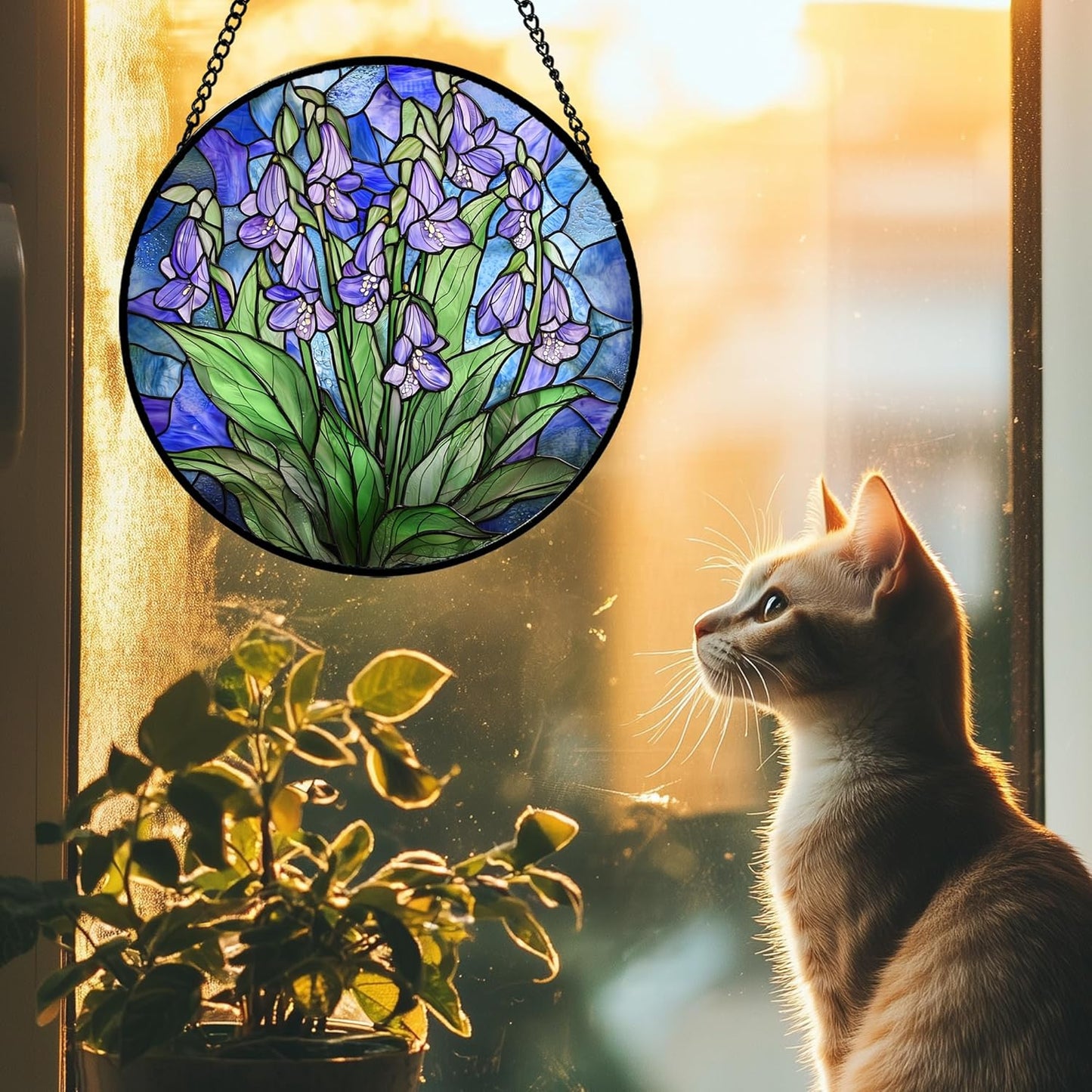 Stained Glass Suncatcher, Blue Purple Flowers Green Leaves Sun Catcher Plants Stain Glass Window Hanging Decoration Mother's Day Birthday Gifts for Women Men Mom and Nana 11.8 in