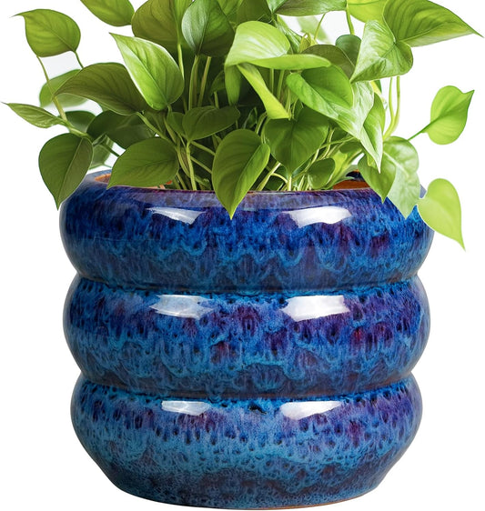 SQOWL Ceramic Planter Pot - 8 Inch Plant Pot Indoor with Drainage Hole Round Outdoor Pot for Plants Decorative Flower Pots Round Planter for Home Room Decor Blue