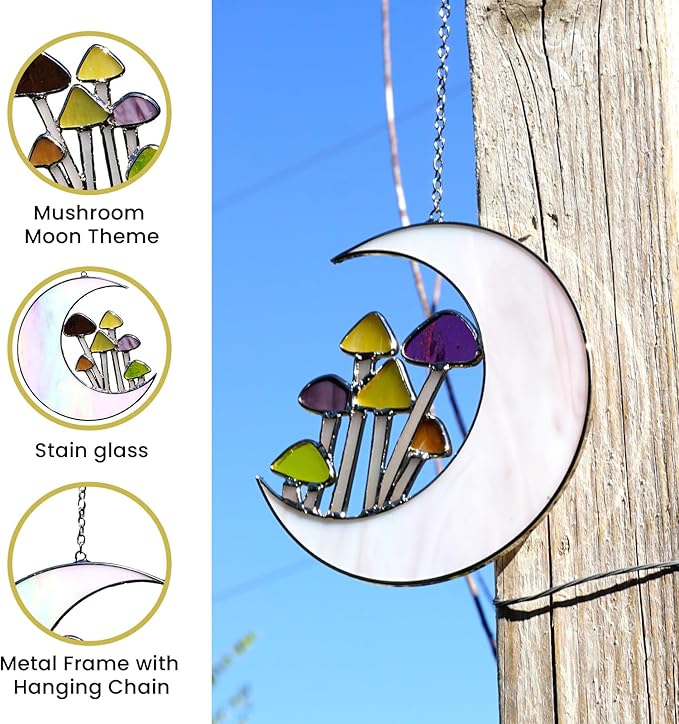 Sensory4U Mushroom Moon Stained Glass Suncatcher - Earth Tone Modern Window Hanging Wall Art - Home Decor or Garden Suncatcher for Natural Light Reflection