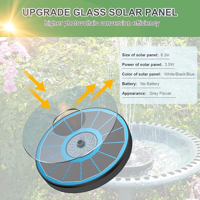 Solar Fountain Upgraded High Efficiency Glass Solar Panel, Solar Bird Bath Fountains with Flower No Battery,Solar Water Pump Fountain for Bird Bath Garden Small Ponds Outdoor Décor(Blue)