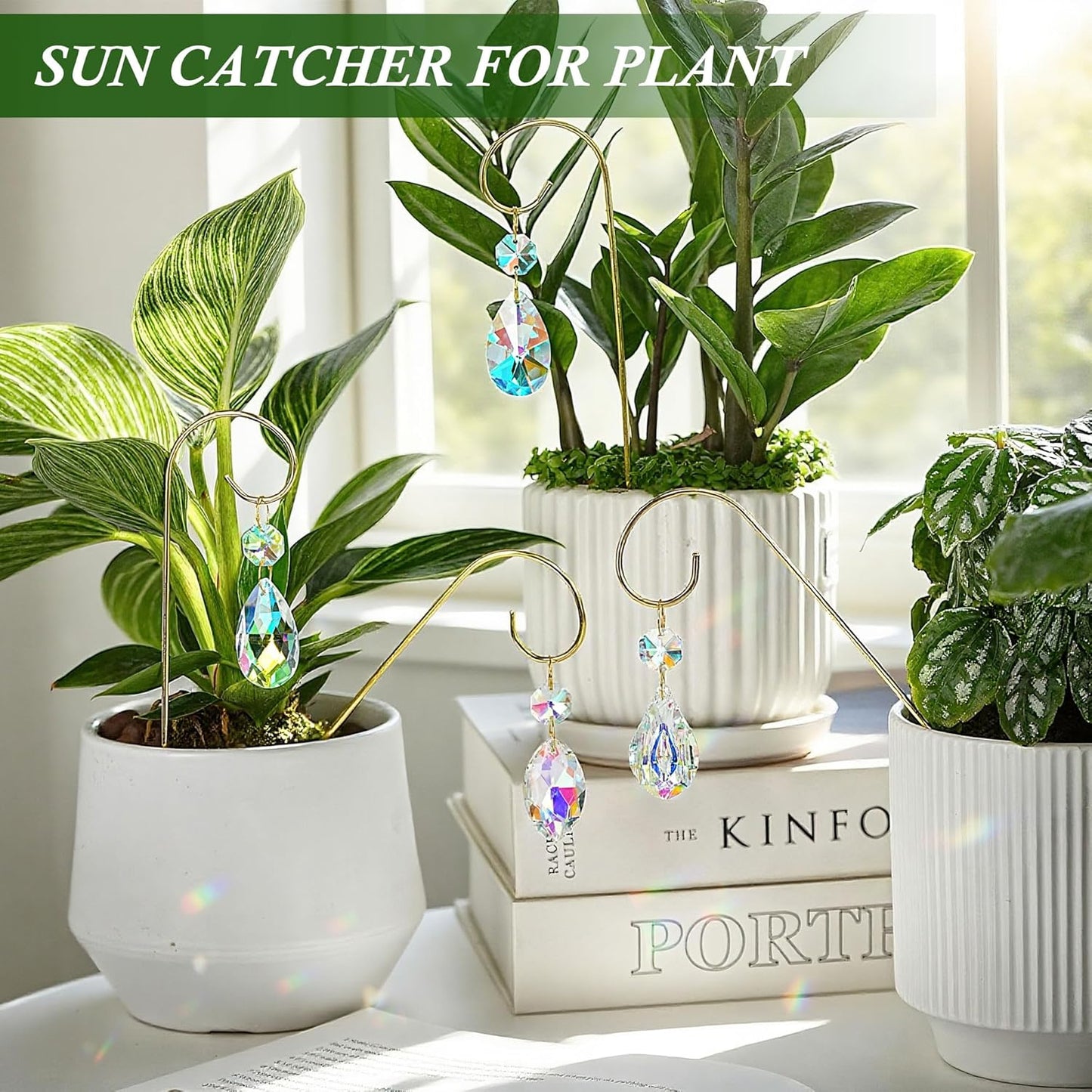 HDCRYSTALGIFTS 4PCS Small Trellis for Mini Potted Plants Indoor Decorations with Crystal Prisms Sun Catchers, 7.5inch Metal Plant Stakes Suncatchers for Fairy Garden Rainbow Crystals