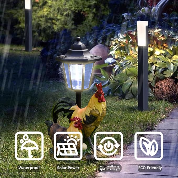 Solar Garden Outdoor Decor Statues Rooster Hen Couple with Light,Outside-Outdoor Decorations Sculptures for Patio Yard Lawn Walkway Ornaments Clearance Gifts for Mom Grandma Birthday