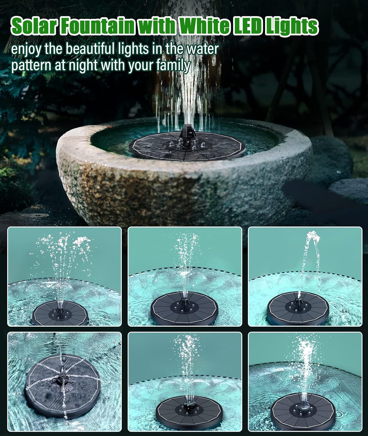 SZMP Solar Water Fountain Upgraded 100% Glass Panel, 3.5W Solar Powered Fountains Built-in 2000 Battery with 7 Nozzle & 4 Fixer, Solar Fountain Pump for Bird Baths, Pond, Outdoor (White)