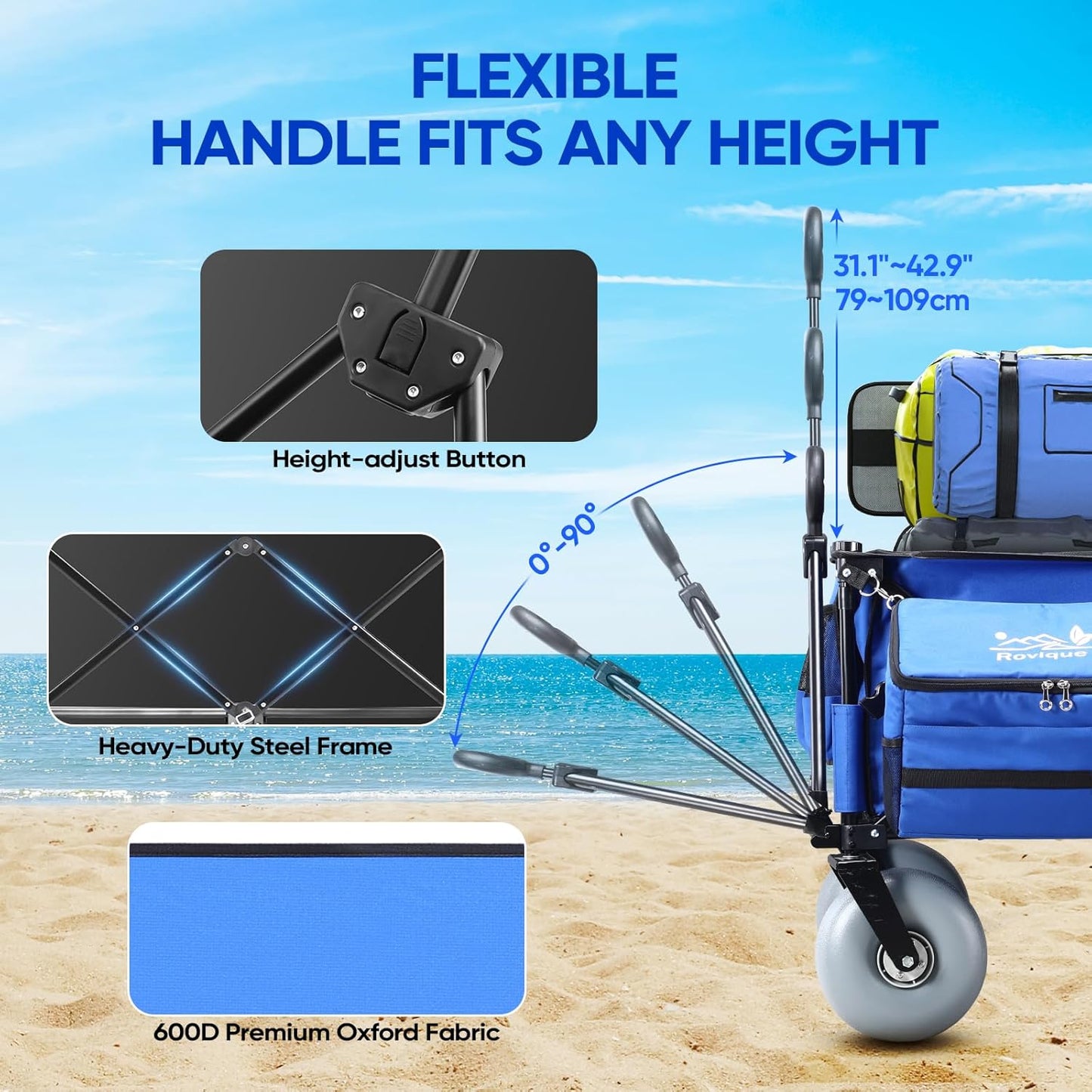 Beach Wagon with Big Wheels for Sand, 9" All-Terrain Balloon Wheels, Heavy Duty Folding Beach Cart 450lb Load, 260L Large Capacity Utility Wagon for Outdoor Sports (Dark Blue)