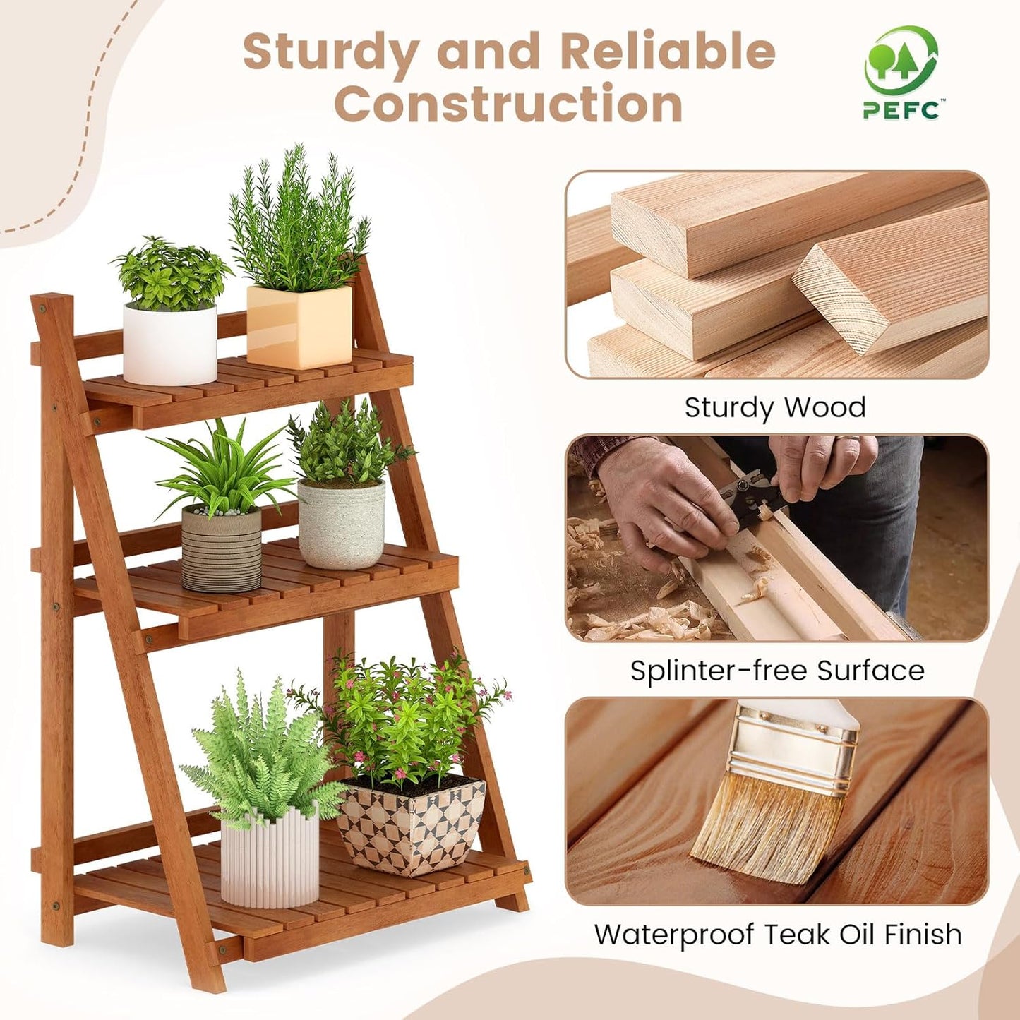 Giantex Foldable Ladder Plant Shelf, 3-Tier Solid Wood Indoor Outdoor Flower Pot Display Rack, Corner Storage Bookshelf, Freestanding Tiered Plant Stand for Garden Patio Balcony, No Assembly