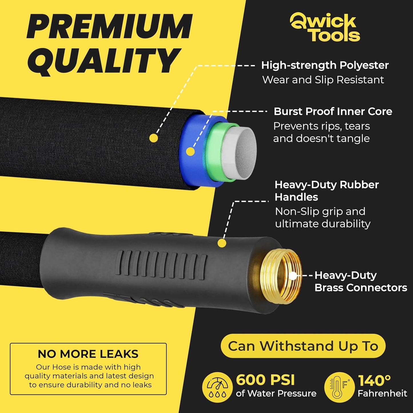 Flat Garden Hose 50FT – Non-Expanding, No-Kink, Leak-Proof Rubber Hose with Brass Fittings & 9-Function Nozzle – Lightweight, Flexible, Collapsible Water Hose for Garden, RV, Camper