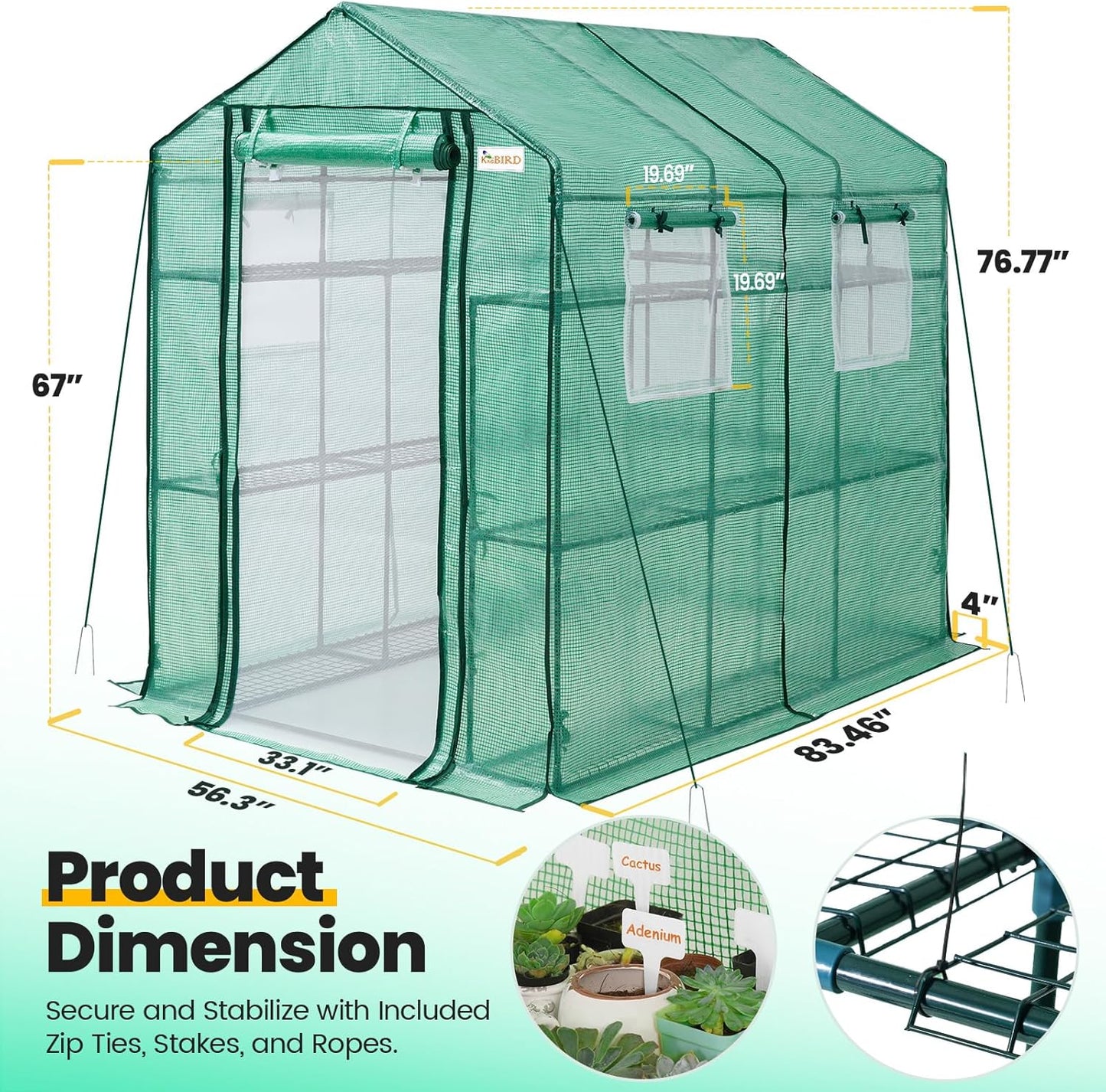 KING BIRD Premium Greenhouse for Outdoors, 84 x 56 x 77 Upgraded PE Cover & Steel Frame Walk in Hot House, w/ Zippered Screen Windows Mesh Door, 3 Tiers 20 Shelves for Outside Garden, Green