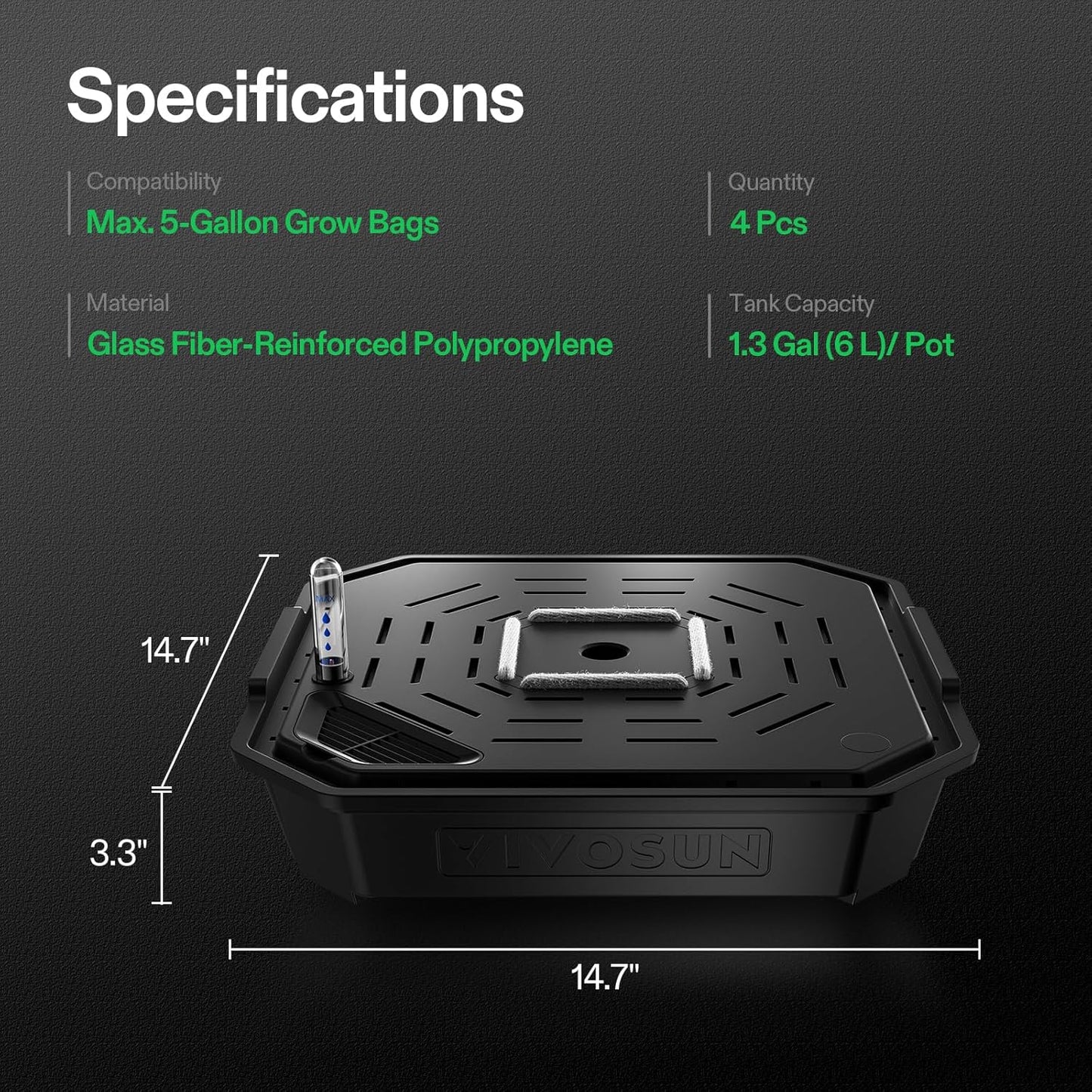 VIVOSUN 4-Pack FlexFeed Self-Watering Pots, Auto Irrigation Fabric Pot Base with Water Meter & Maintenance Window, for Use Indoors/Outdoors in Grow Tents, Greenhouses, Gardens