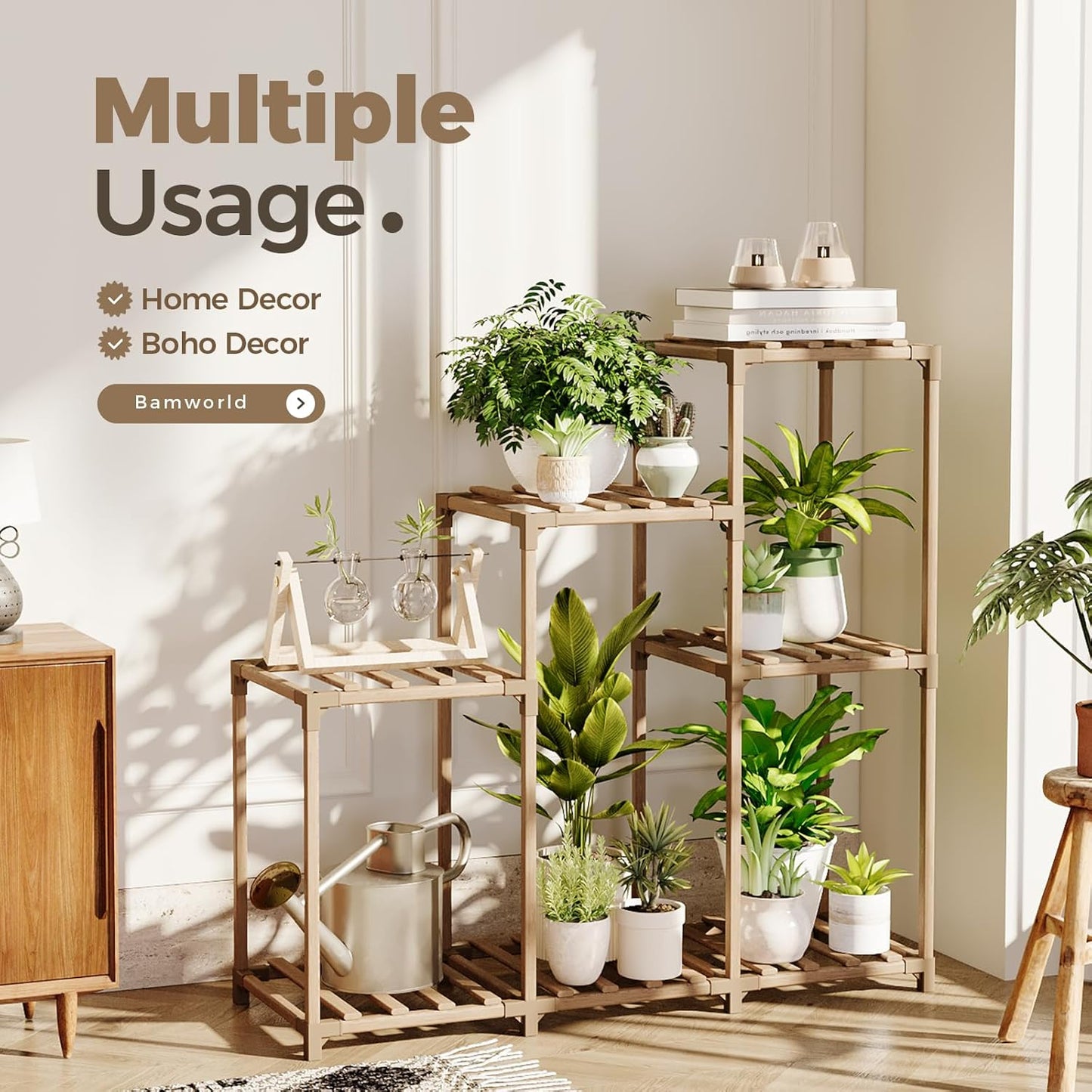 Bamworld Plant Stand Indoor Wood Plant Shelf Outdoor Tiered Plant Rack for Multiple Plants Upgrade 3 Tiers 7 Potted Ladder Plant Holder Plant Table for Mulitiple Pots Boho Decor Home Decor for Window Balcony Living Room Gardening Gifts