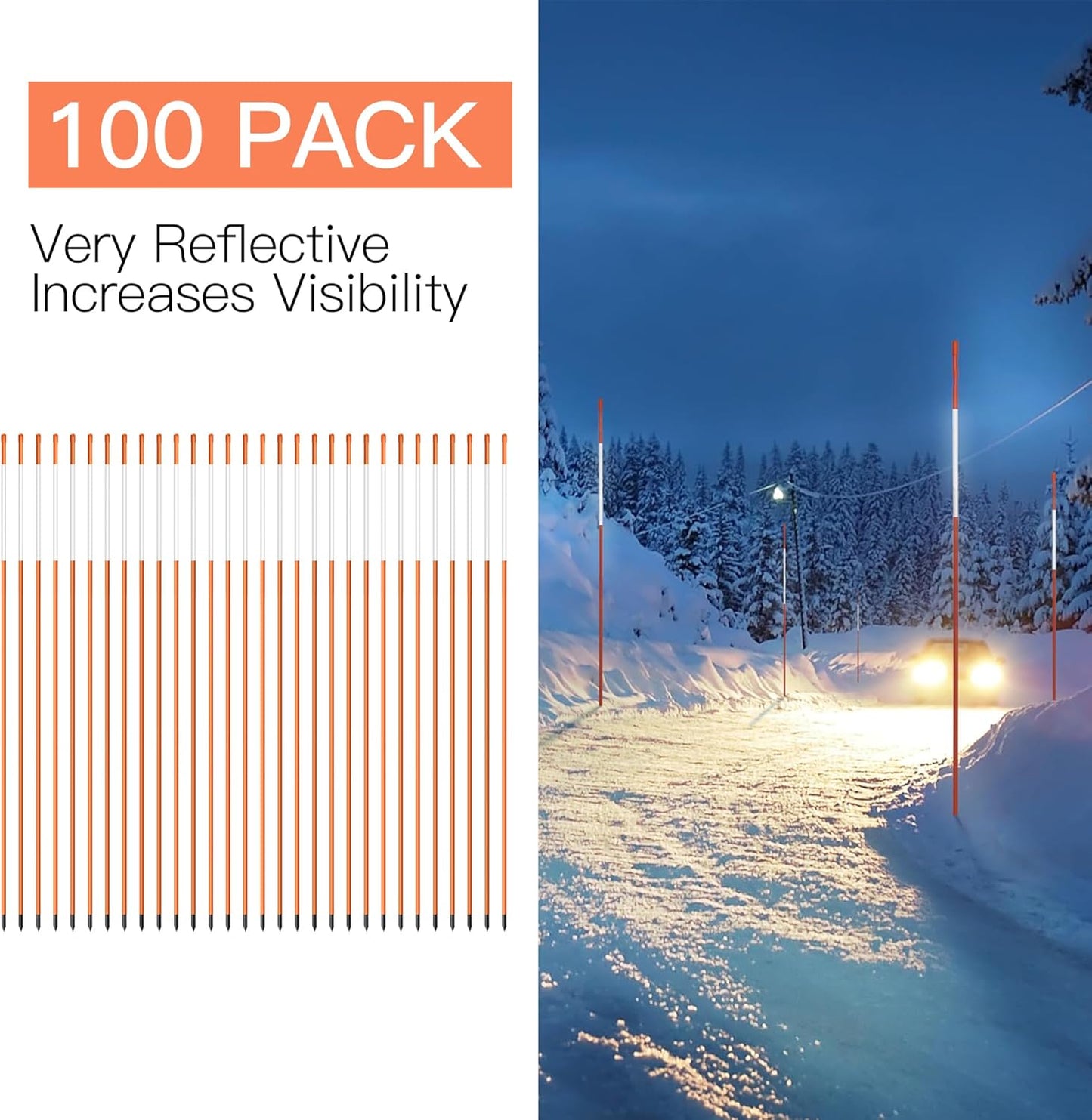 Driveway Markers 48 inch 100pcs, 5/16” Dia 4FT Snow Stakes with Reflective Tape, Highly Visible for Parking, Walkways, Snow Markers, 4FT Orange Fiberglass Poles Reflectors Markers with Steel Drill Bit