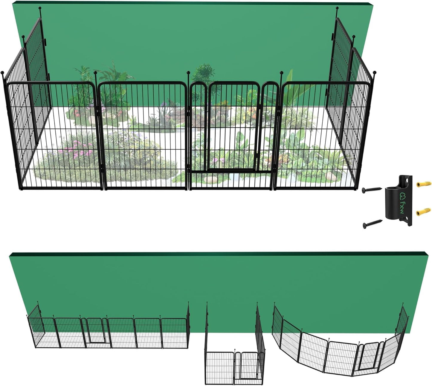 FXW Garden Fence Outdoor for The Yard – 40in(H) x 18.2ft(L) Heavy Duty Metal Animal Barrier for Dog and Rabbit, Decorative Dog Fence with Fence-to-Wall Anchor (Pack of 4), 8 Panels, Black
