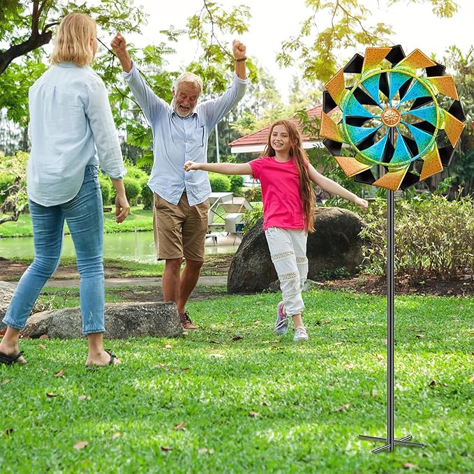 Outdoor 59 Inch Kinetic Wind Spinner, Double Blade Wind Sculpture with 5 Prong Base, Geometric Metal Windmill for Garden, Lawn & Patio Decoration (Colorful)