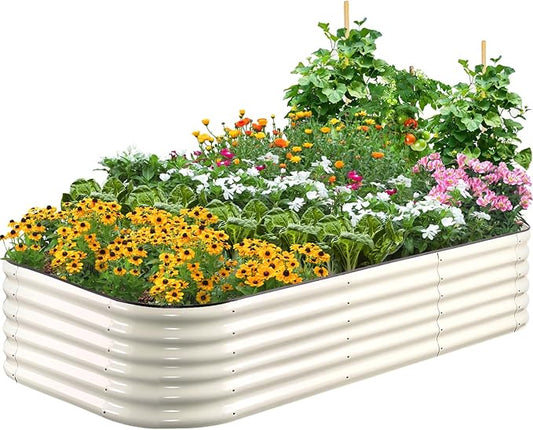 Quictent Galvanized Raised Garden Bed Kit Tall, 6x3x1.5 ft Oval Large Planting Box Rubber Strip Edging, for Vegetables Outdoor Strengthened by Crossbar (Beige)
