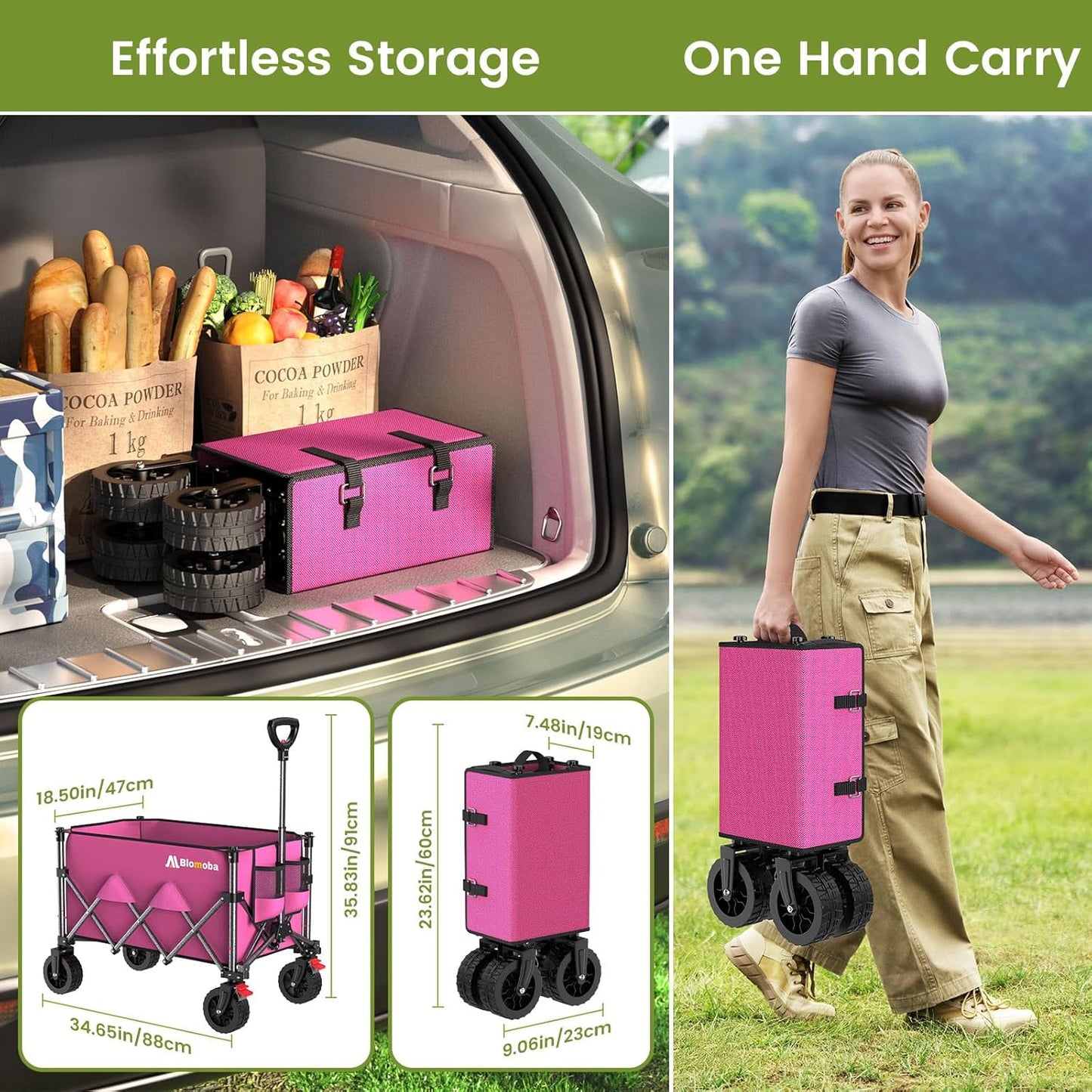 Collapsible Wagon Cart, 150L Heavy Duty Foldable Beach Wagon with Wider Wheels & Auto-Rebound Handle, Utility Grocery Shopping Cart for Garden, Shopping, Camping, Sports, Pink