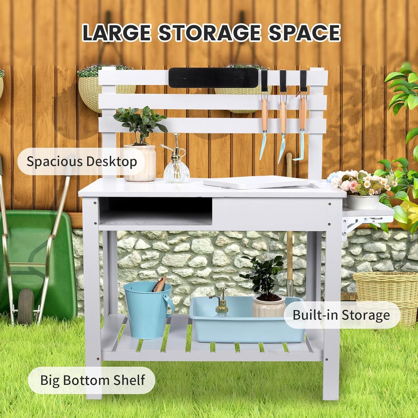 Potting Bench Outdoor Potting Table—All-Weather Kids Solid Wood Garden Work Station with Sink、Hooks、3Flower Pots, Weather Proof（White Grey, Large）
