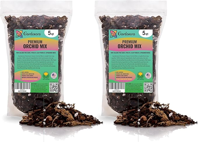 Organic Premium Orchid Soil Mix by Gardenera - Hand Mixed Classic Sphagnum Moss Potting Soil Mix - for Phalaenopsis Orchid - 10 Quart (2 Bags of 5 Quart)