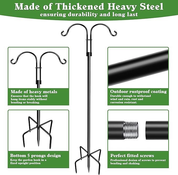 Double Shepherds Hooks for Outdoor (1Pack,76 inch) Heavy Duty Adjustable Bird Feeder Pole Garden Decor Shepherds Hook for Hanging Bird Feeder, Plant Baskets, Hummingbird Feeder for Outside