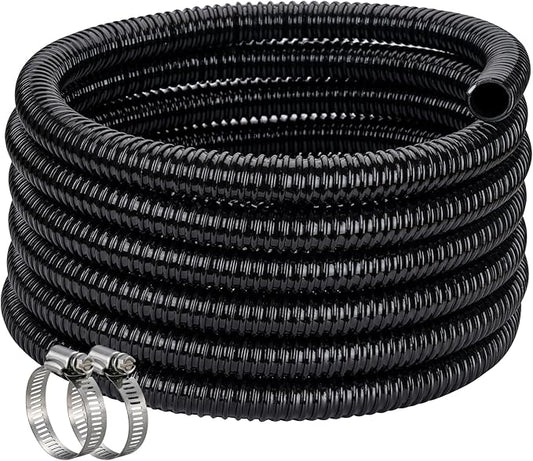 Pond Hose ID 1” × 50ft Black Corrugated Flexible Reinforced PVC Hose Vinyl Tubing for Pond Pump Fountain Garden Waterfall, Non-toxic & Kinkproof, with 2 clamps