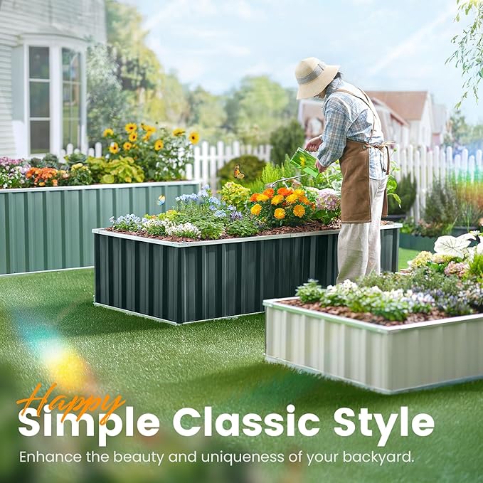 KING BIRD Raised Garden Bed 68" x 36" x 24" Heightened Galvanized Steel Metal Planter Box Outdoor for Deep-Rooted Vegetables, Flowers, Large Raised Bed Kit (Ivory)