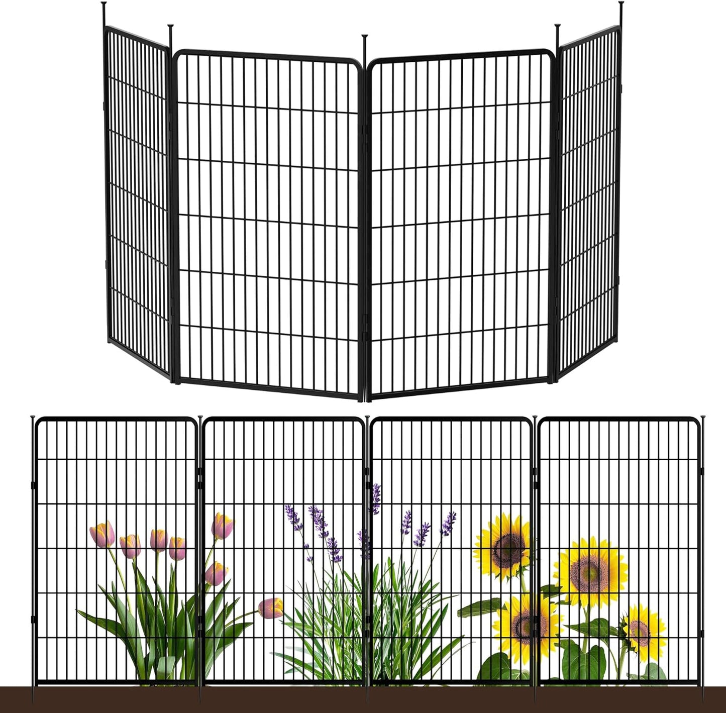 Doorless Garden Fence 45 in(H) x 8.9 ft(L) 4 Panels, Heavy Duty Metal Animal Barrier Fence, No Dig Fence for Dogs, Rabbit Fence for Garden, Black