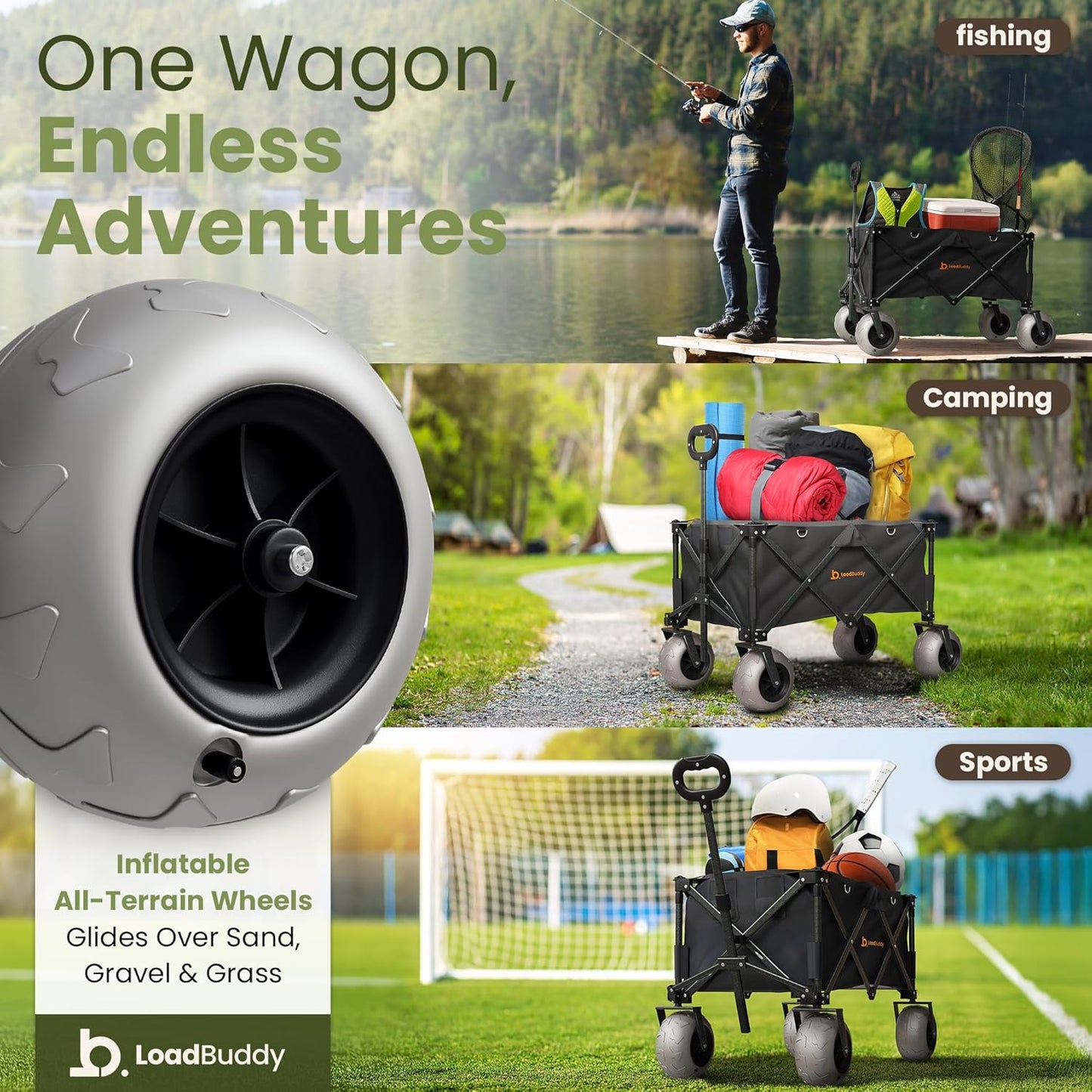 Beach Wagon with 9" Balloon Wheels & Fishing Rod Holders – Foldable Cart for Sand with Inflatable Tires, Bonus Pump & Spare – Heavy Duty Utility Wagon - Black/Black