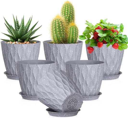 5 inch Plant Pots for Indoor Outdoor Plants, 6 Pack Thick Flower Pots with Drainage Holes and Saucers, 3D Modern Wave Texture Small Plastic Planters Nursery Pots, Speckled Grey