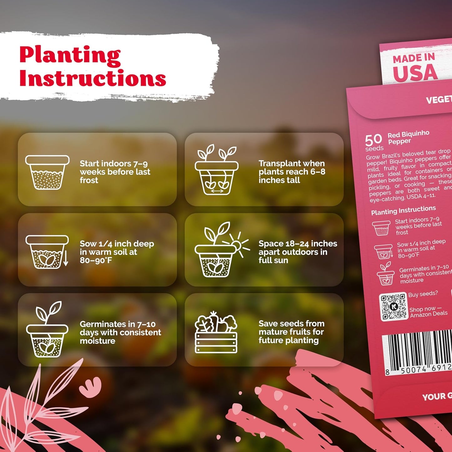 KVITER 50 Pimenta Biquinho, Sweety Drop Peppers Seeds (Capsicum Chinense) – Chupetinho, Pimenta de Bico, Little Red Tear Drop Peppers – Heirloom Red Pepper Vegetable Seeds for Outdoor & Indoor Garden