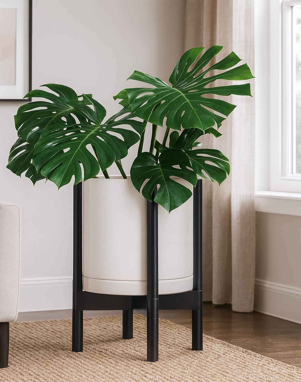 D'vine Dev Ceramic Planter with Ebony Stand - 12 Inch Modern Round Flower Pot with Wood Planter Holder, Oatmeal, 55-B-H-8