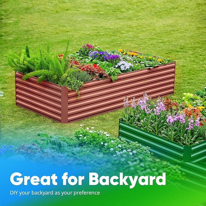 Quictent Galvanized Raised Garden Bed Metal Planter Box Bottomless for Backyard Outdoor, Include 1 pc Tomato Cage, Terracotta, 6x3x2 Ft