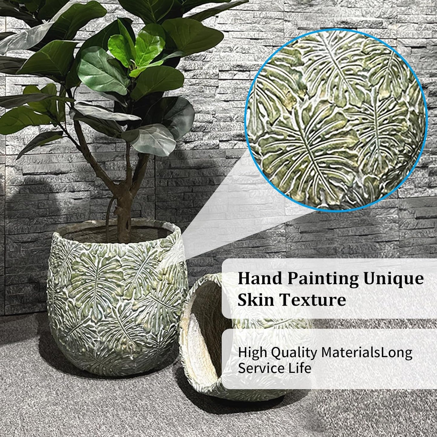 Craft flowerpots 18"+13"+9" Dia Round Concrete Planter Set of 3 Large Outdoor/Indoor Planter Pots Containers with Drainage Holes and Rubber Plug for Home Garden (Green, Large)