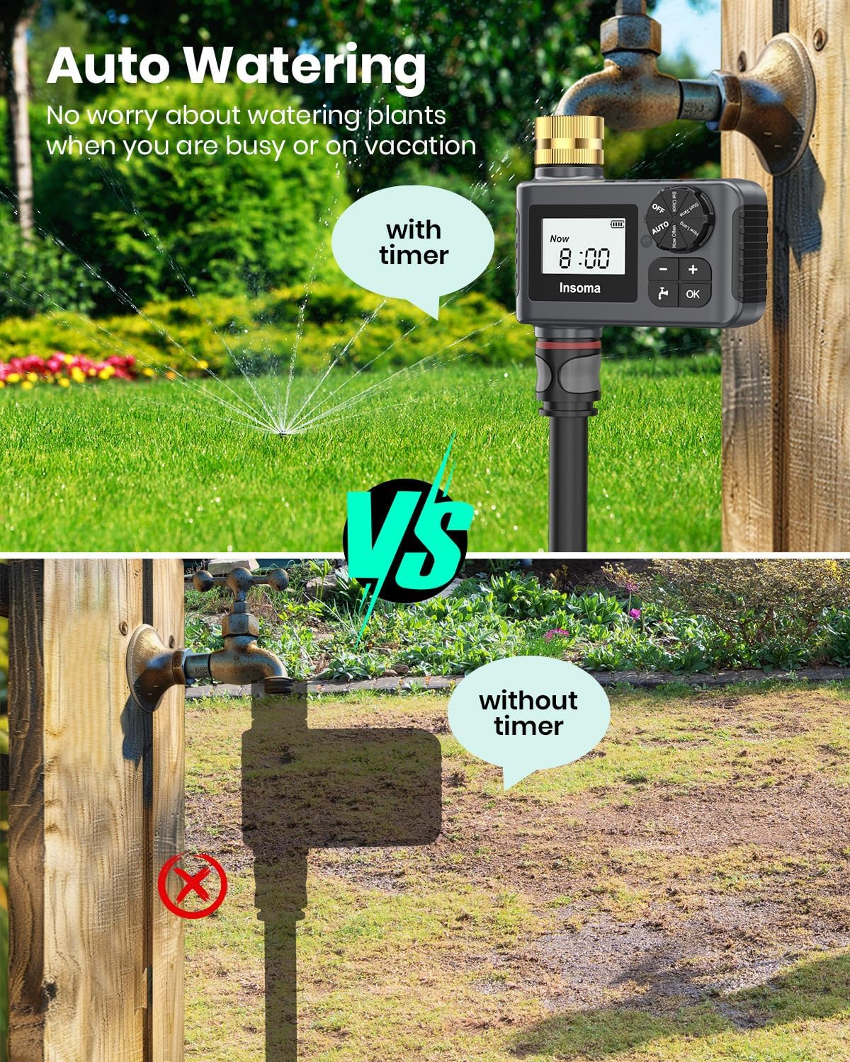 Sprinkler Timer with Brass Swivel, Programmable Water Timer for Outdoor Garden Hose, Hose Timers with Rain Delay/Manual/Auto Mode, Drip Irrigation and Lawn Watering System, 1 Outlet