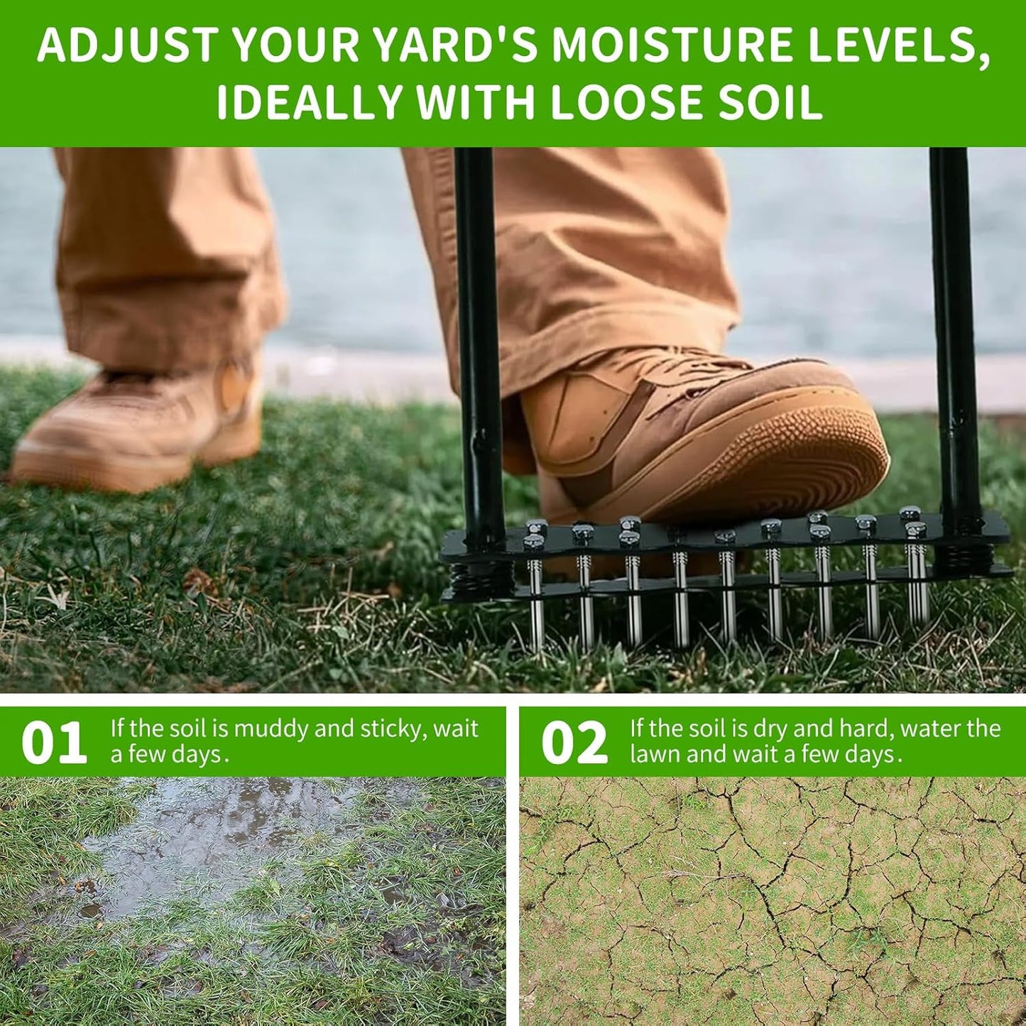 Aerator Lawn Tool, Lawn Aerator with 14 Spikes, Automatic Dirt and Leaf Clean with Spring-Loaded Design, Metal Manual Aerator for Loosening Soil Aerating Patio, Yard, Garden (Black)