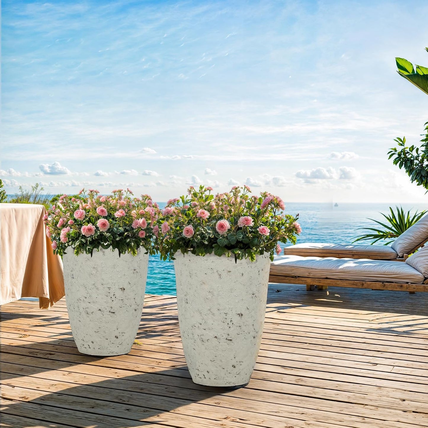19.5" Resin Tall Planters for Outdoor Plants, Set of 2 Country White Large Flower Pots with Handmade Birch Bark Texture, Heavy-Duty and Weather-Resistant for Year Round Indoor Outdoor use