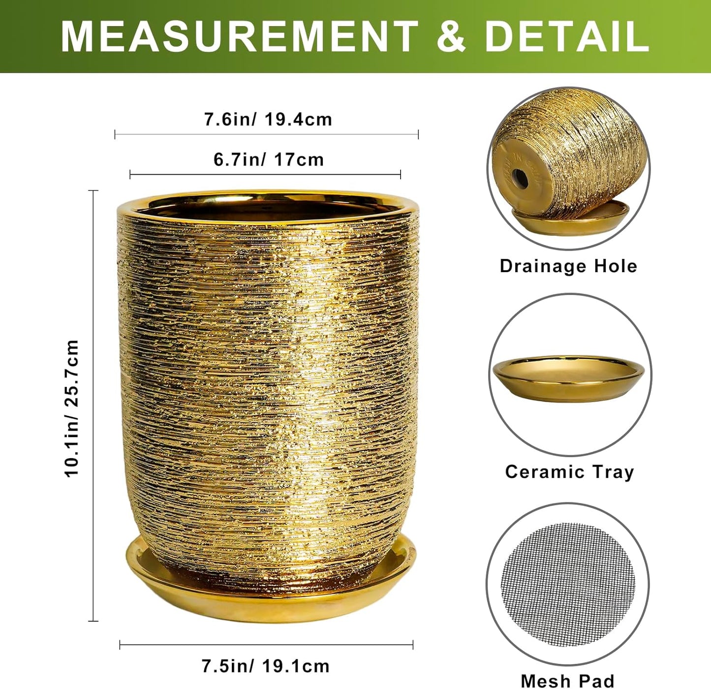 Indoor Plant Pot 8 Inch - Ceramic Planter for Indoor Outdoor Flowers, Round Modern Flower Pot with Drainage Hole and Saucer, Gifts for Plants Lovers, Garden Room Decor, Gold