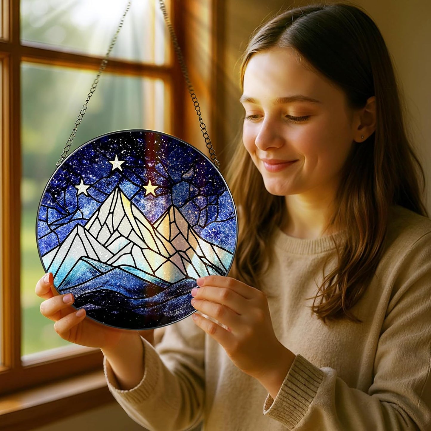 Stained Glass Window Hanging, Pauyadu 8 Inch Stained Glass Suncatcher Ornament, Night Court Window Decor, Suncatchers for Windows Hanging, Nature Lovers Gifts, Gifts for Friend, Lover